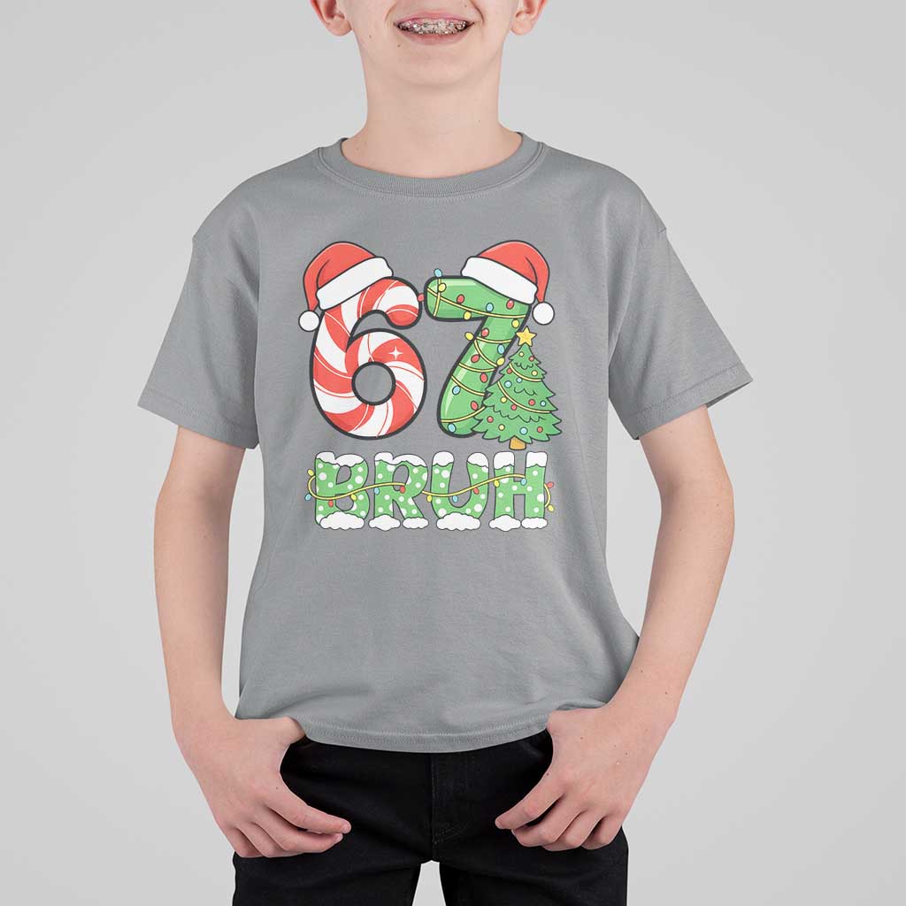 Funny 67 Bruh Christmas T Shirt For Kid Candy Cane and Xmas Tree Six Seven Meme Holiday Lights - Wonder Print Shop