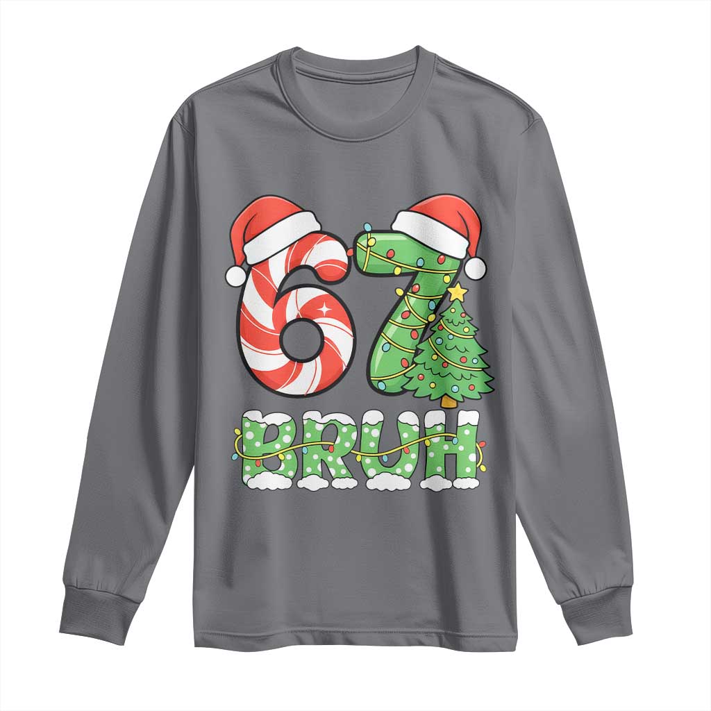 Funny 67 Bruh Christmas Long Sleeve Shirt Candy Cane and Xmas Tree Six Seven Meme Holiday Lights - Wonder Print Shop