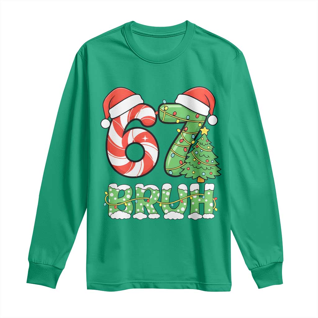 Funny 67 Bruh Christmas Long Sleeve Shirt Candy Cane and Xmas Tree Six Seven Meme Holiday Lights - Wonder Print Shop
