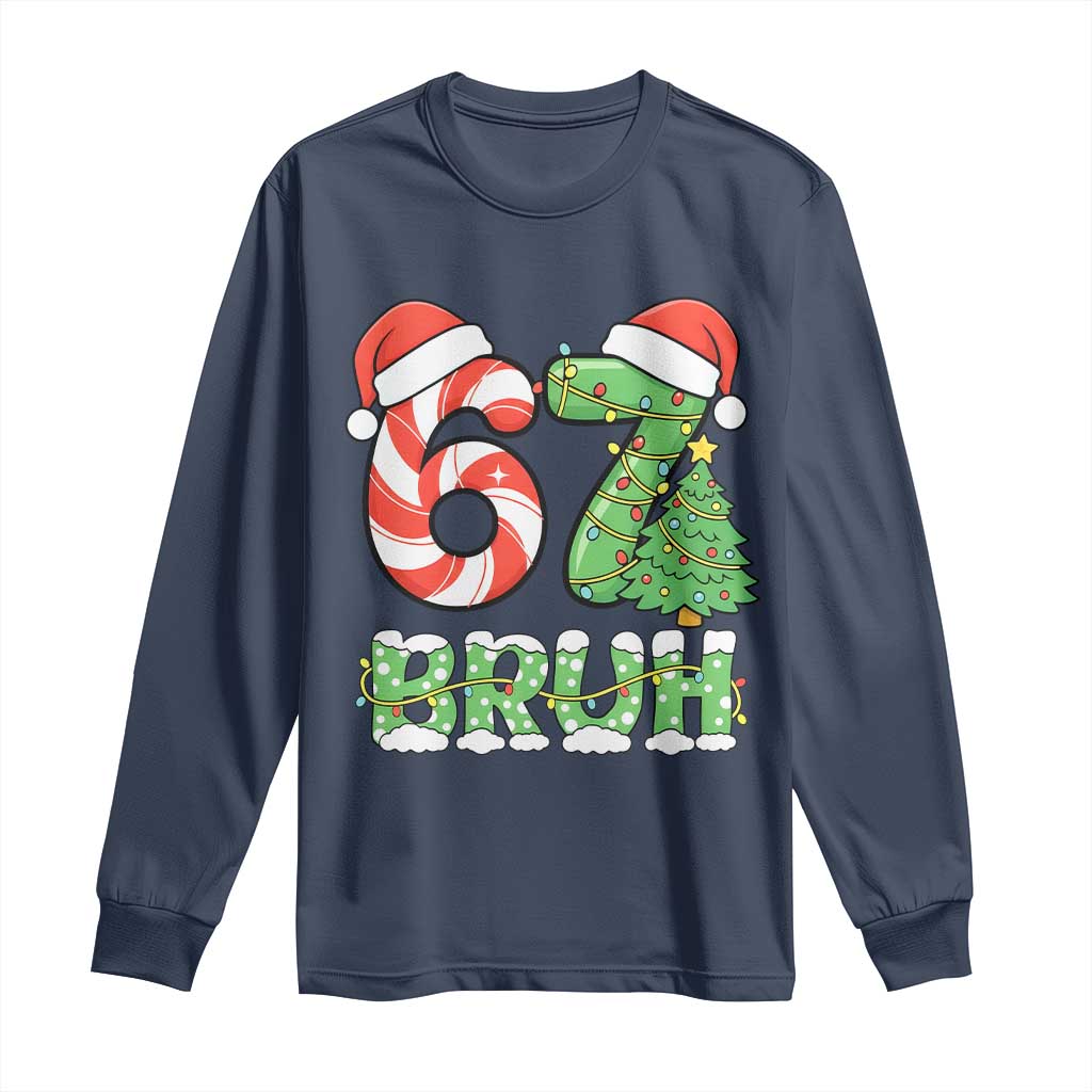 Funny 67 Bruh Christmas Long Sleeve Shirt Candy Cane and Xmas Tree Six Seven Meme Holiday Lights - Wonder Print Shop
