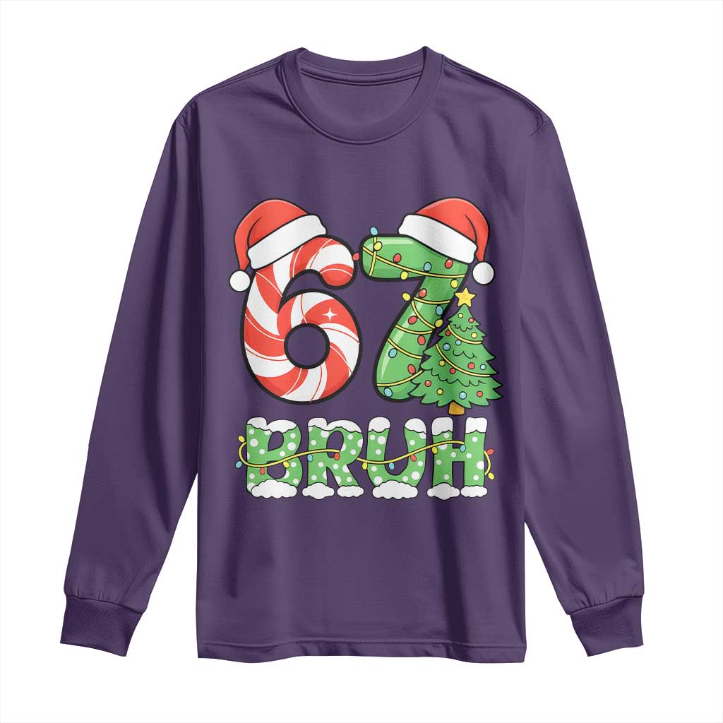 Funny 67 Bruh Christmas Long Sleeve Shirt Candy Cane and Xmas Tree Six Seven Meme Holiday Lights - Wonder Print Shop