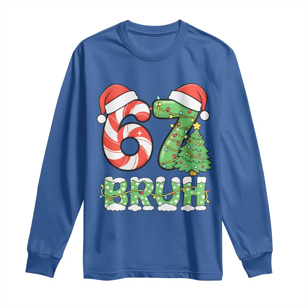 Funny 67 Bruh Christmas Long Sleeve Shirt Candy Cane and Xmas Tree Six Seven Meme Holiday Lights - Wonder Print Shop
