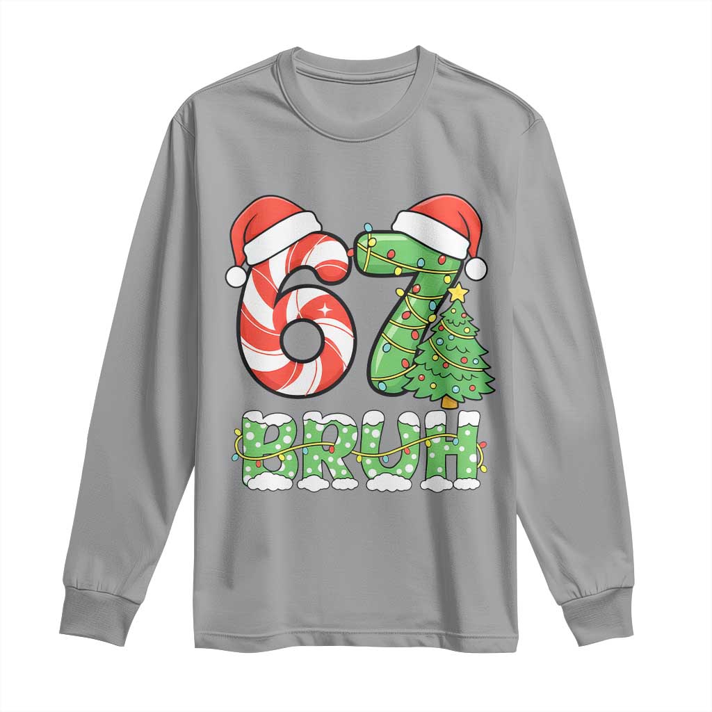 Funny 67 Bruh Christmas Long Sleeve Shirt Candy Cane and Xmas Tree Six Seven Meme Holiday Lights - Wonder Print Shop