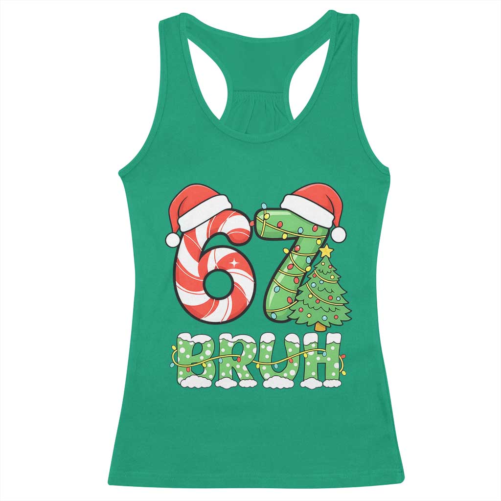 Funny 67 Bruh Christmas Racerback Tank Top Candy Cane and Xmas Tree Six Seven Meme Holiday Lights - Wonder Print Shop