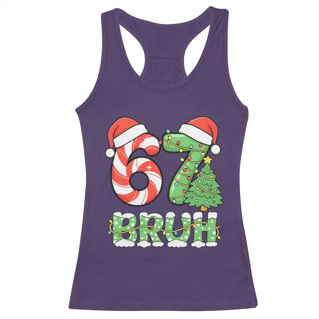 Funny 67 Bruh Christmas Racerback Tank Top Candy Cane and Xmas Tree Six Seven Meme Holiday Lights - Wonder Print Shop