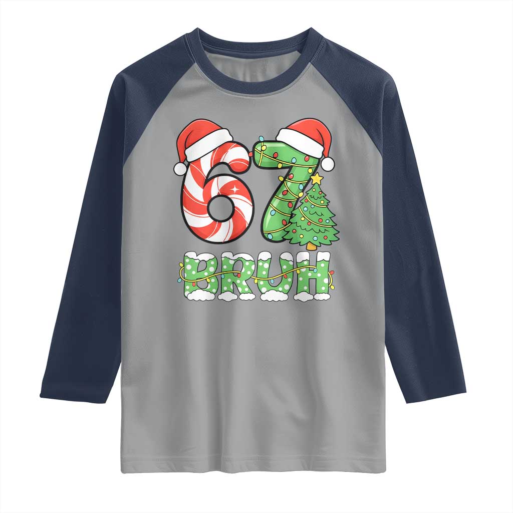 Funny 67 Bruh Christmas Raglan Shirt Candy Cane and Xmas Tree Six Seven Meme Holiday Lights - Wonder Print Shop