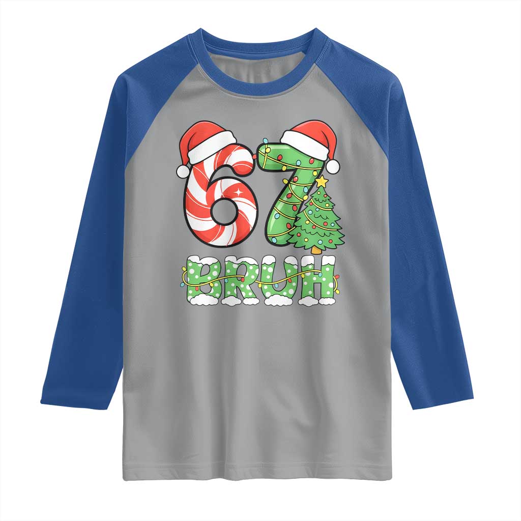 Funny 67 Bruh Christmas Raglan Shirt Candy Cane and Xmas Tree Six Seven Meme Holiday Lights - Wonder Print Shop