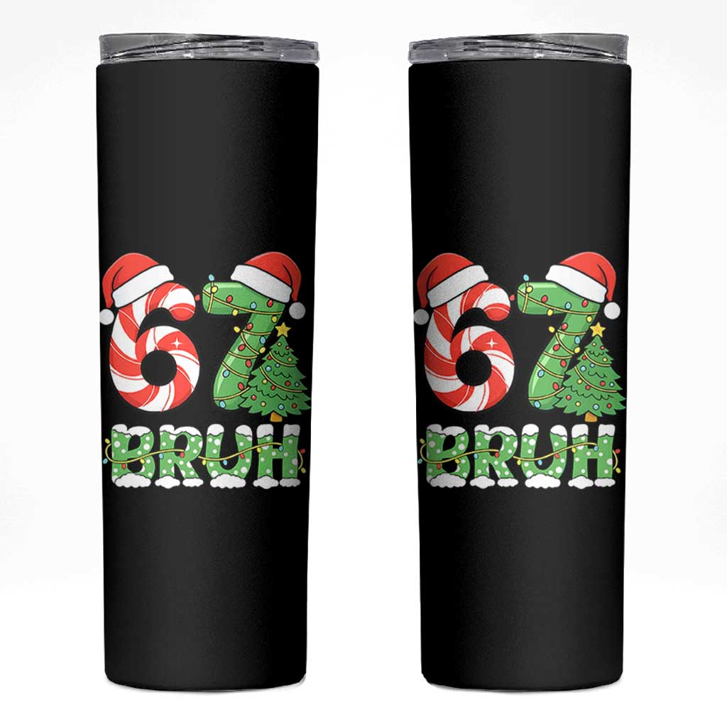 Funny 67 Bruh Christmas Skinny Tumbler Candy Cane and Xmas Tree Six Seven Meme Holiday Lights - Wonder Print Shop