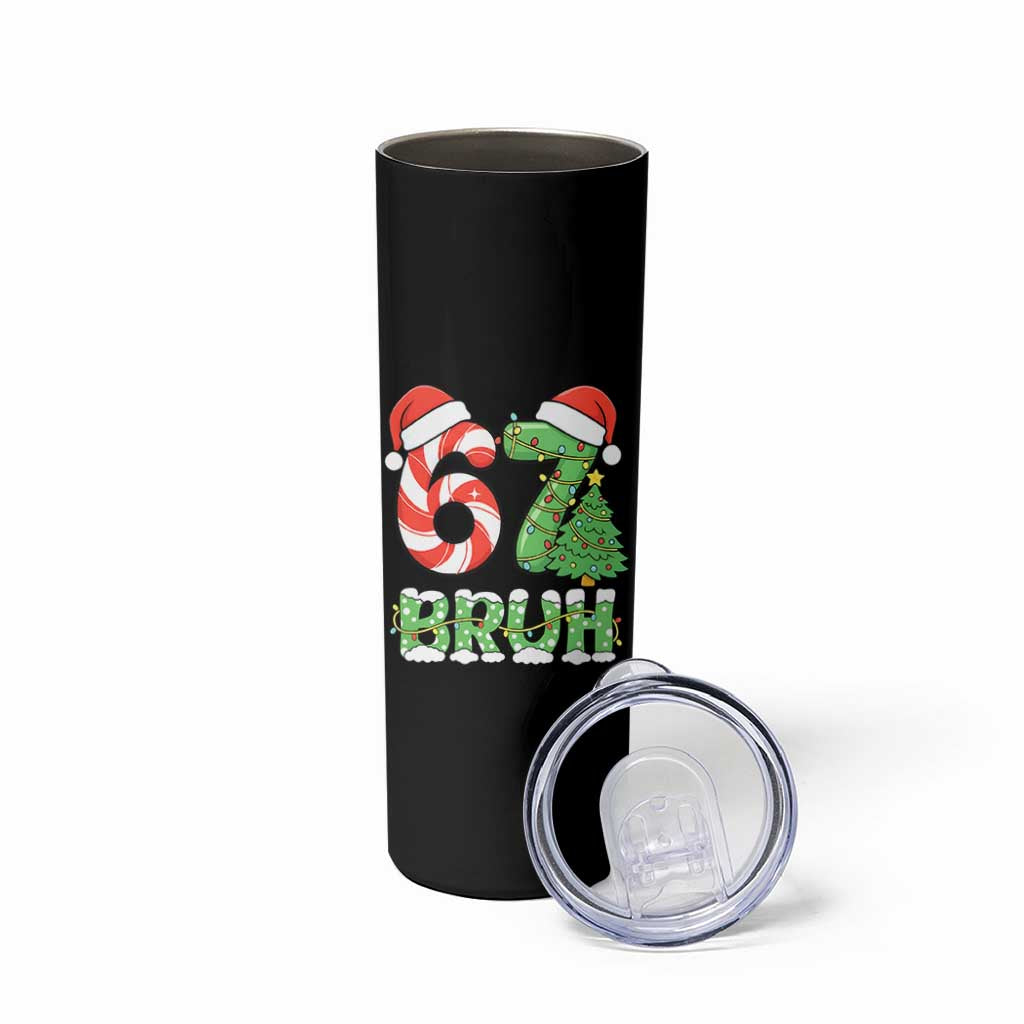 Funny 67 Bruh Christmas Skinny Tumbler Candy Cane and Xmas Tree Six Seven Meme Holiday Lights - Wonder Print Shop