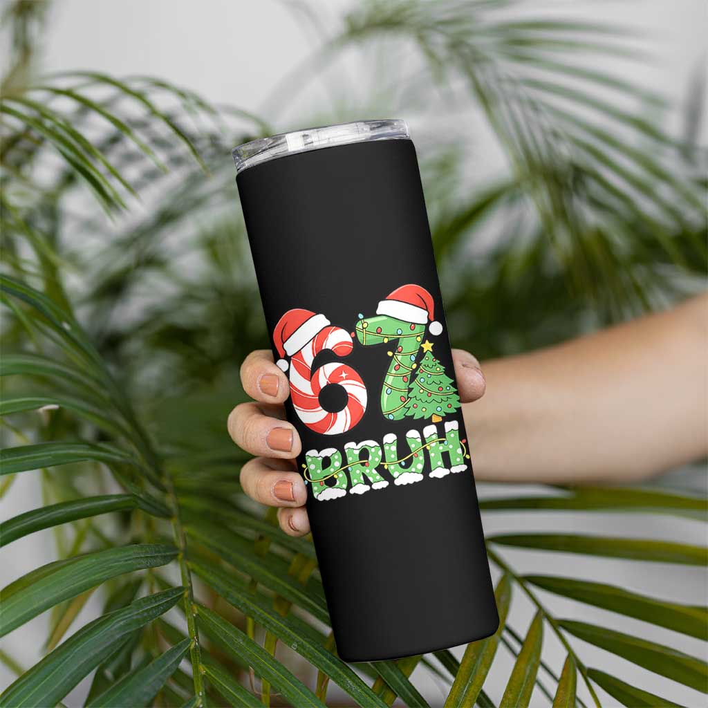 Funny 67 Bruh Christmas Skinny Tumbler Candy Cane and Xmas Tree Six Seven Meme Holiday Lights - Wonder Print Shop
