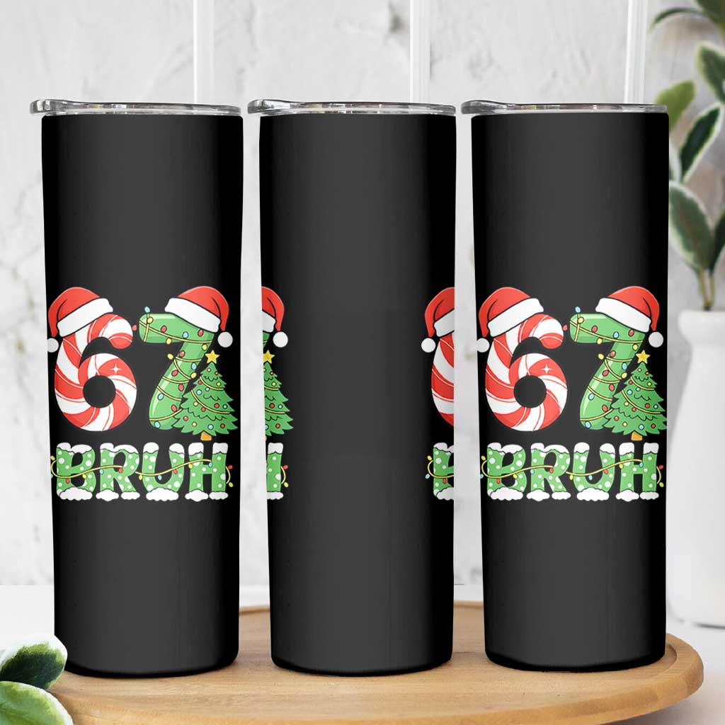 Funny 67 Bruh Christmas Skinny Tumbler Candy Cane and Xmas Tree Six Seven Meme Holiday Lights - Wonder Print Shop