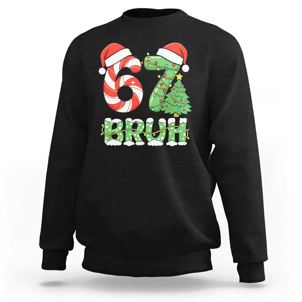 Funny 67 Bruh Christmas Sweatshirt Candy Cane and Xmas Tree Six Seven Meme Holiday Lights - Wonder Print Shop