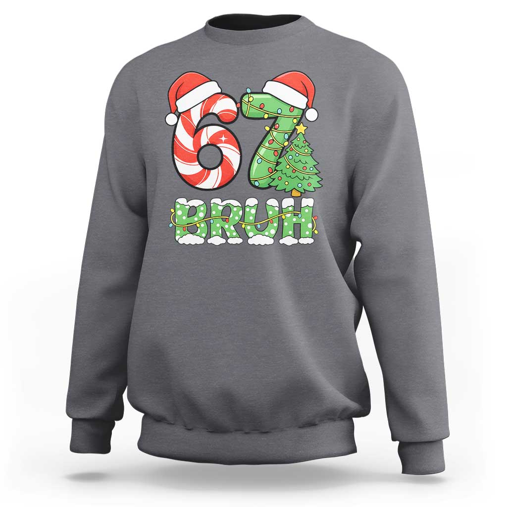 Funny 67 Bruh Christmas Sweatshirt Candy Cane and Xmas Tree Six Seven Meme Holiday Lights - Wonder Print Shop