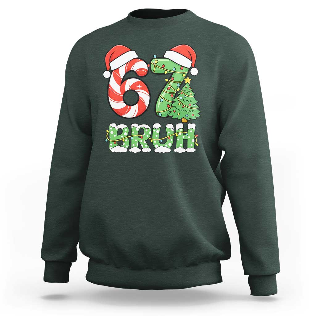 Funny 67 Bruh Christmas Sweatshirt Candy Cane and Xmas Tree Six Seven Meme Holiday Lights - Wonder Print Shop