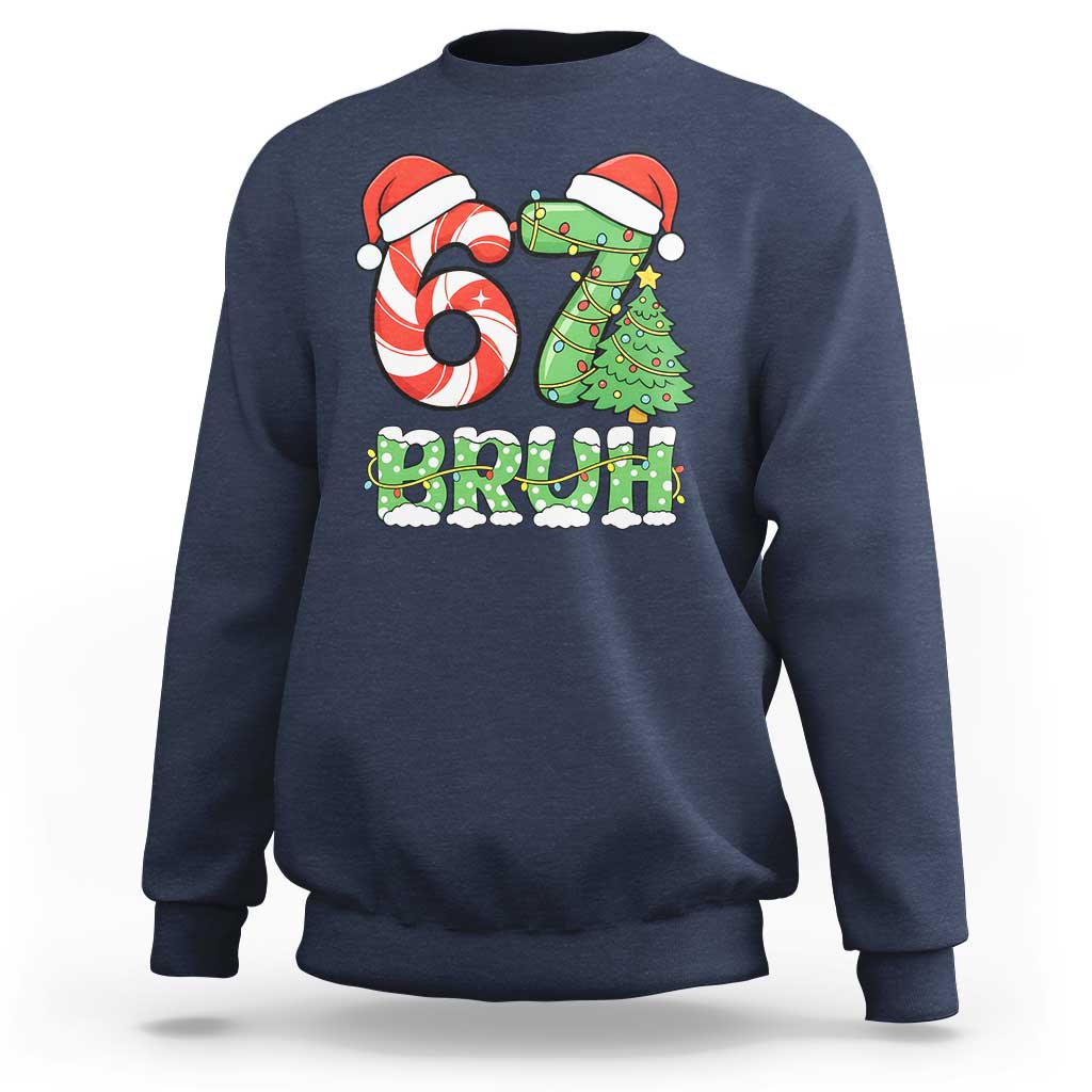 Funny 67 Bruh Christmas Sweatshirt Candy Cane and Xmas Tree Six Seven Meme Holiday Lights - Wonder Print Shop