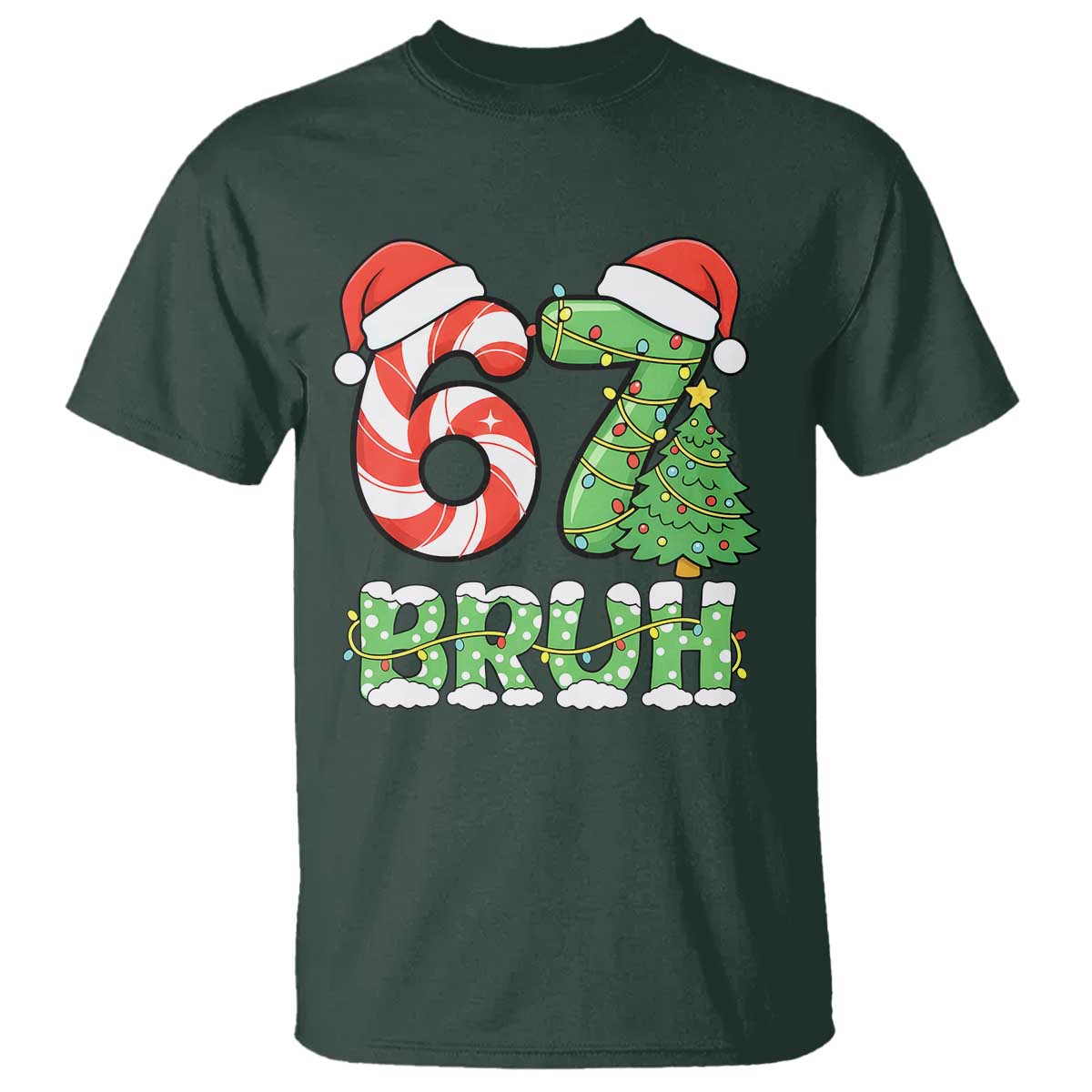 Funny 67 Bruh Christmas T Shirt Candy Cane and Xmas Tree Six Seven Meme Holiday Lights - Wonder Print Shop