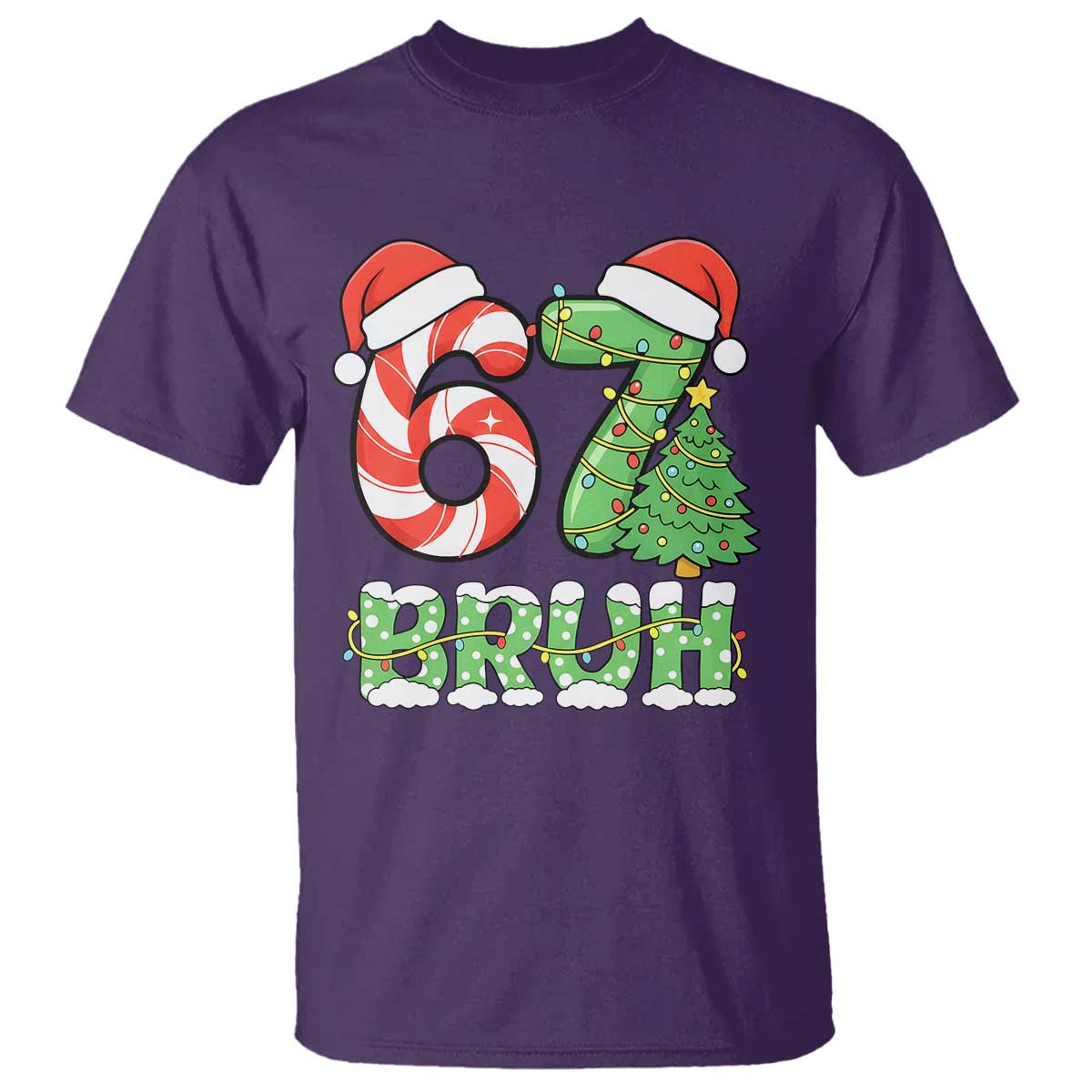 Funny 67 Bruh Christmas T Shirt Candy Cane and Xmas Tree Six Seven Meme Holiday Lights - Wonder Print Shop