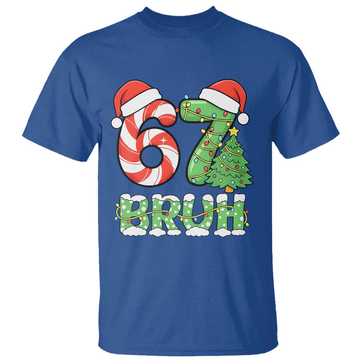 Funny 67 Bruh Christmas T Shirt Candy Cane and Xmas Tree Six Seven Meme Holiday Lights - Wonder Print Shop