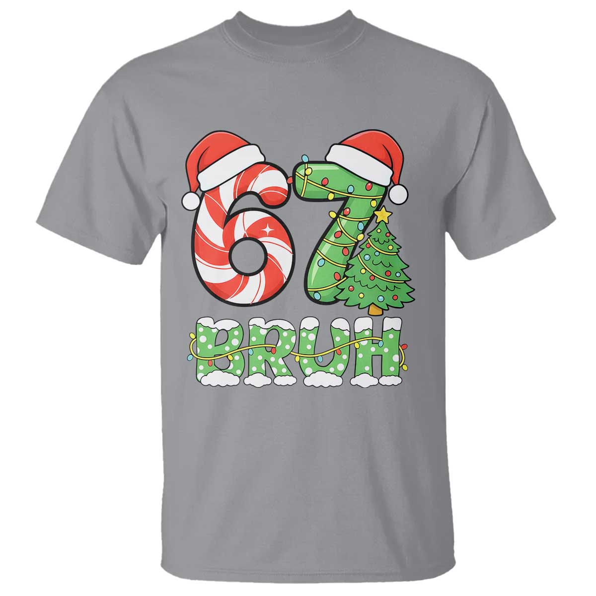 Funny 67 Bruh Christmas T Shirt Candy Cane and Xmas Tree Six Seven Meme Holiday Lights - Wonder Print Shop