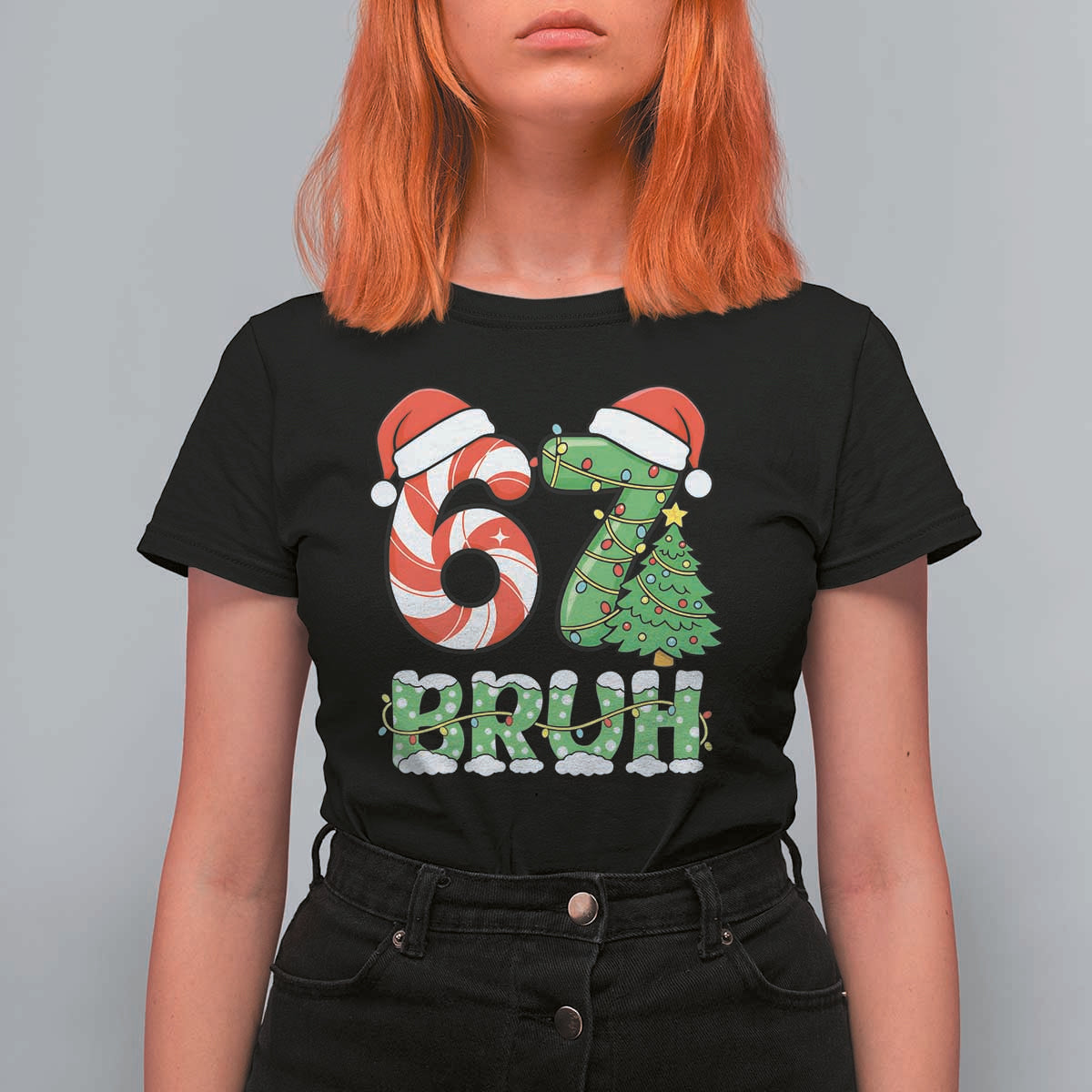 Funny 67 Bruh Christmas T Shirt For Women Candy Cane and Xmas Tree Six Seven Meme Holiday Lights - Wonder Print Shop