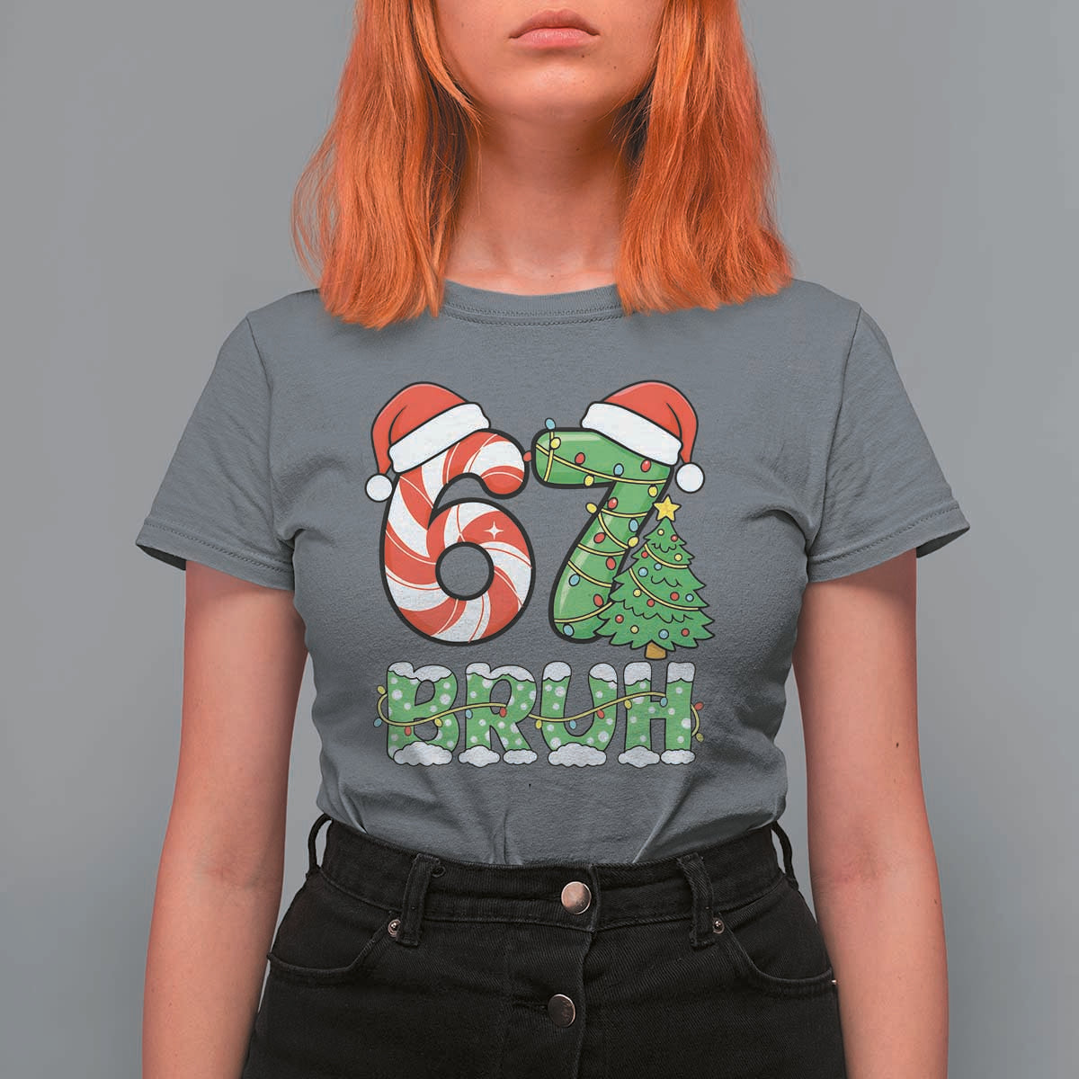 Funny 67 Bruh Christmas T Shirt For Women Candy Cane and Xmas Tree Six Seven Meme Holiday Lights - Wonder Print Shop