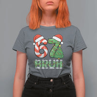 Funny 67 Bruh Christmas T Shirt For Women Candy Cane and Xmas Tree Six Seven Meme Holiday Lights - Wonder Print Shop