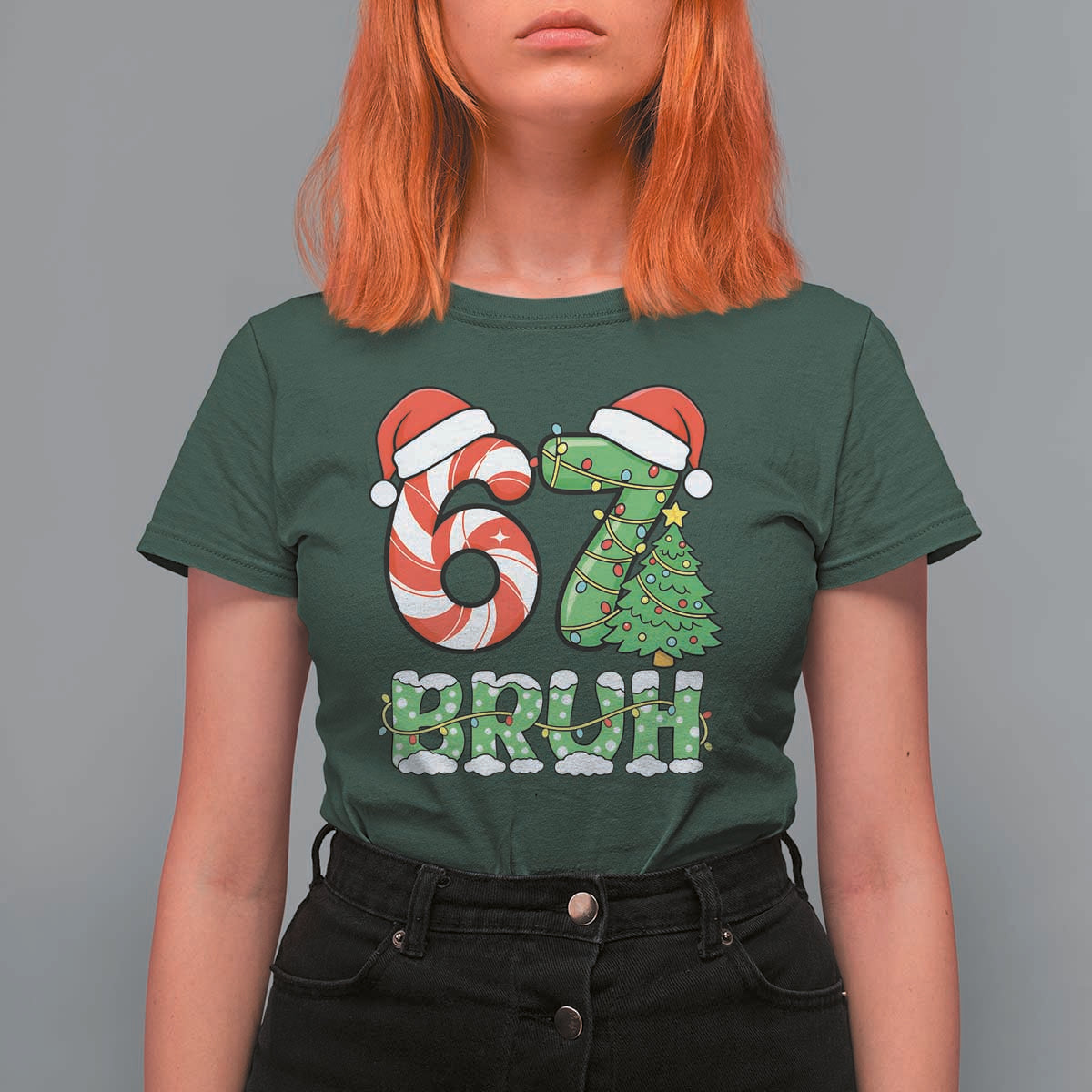 Funny 67 Bruh Christmas T Shirt For Women Candy Cane and Xmas Tree Six Seven Meme Holiday Lights - Wonder Print Shop