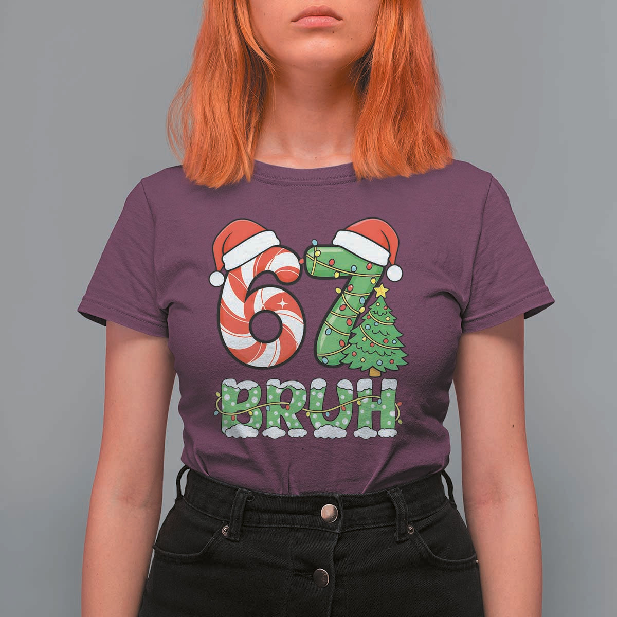 Funny 67 Bruh Christmas T Shirt For Women Candy Cane and Xmas Tree Six Seven Meme Holiday Lights - Wonder Print Shop