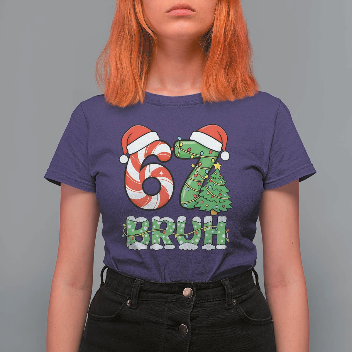 Funny 67 Bruh Christmas T Shirt For Women Candy Cane and Xmas Tree Six Seven Meme Holiday Lights - Wonder Print Shop
