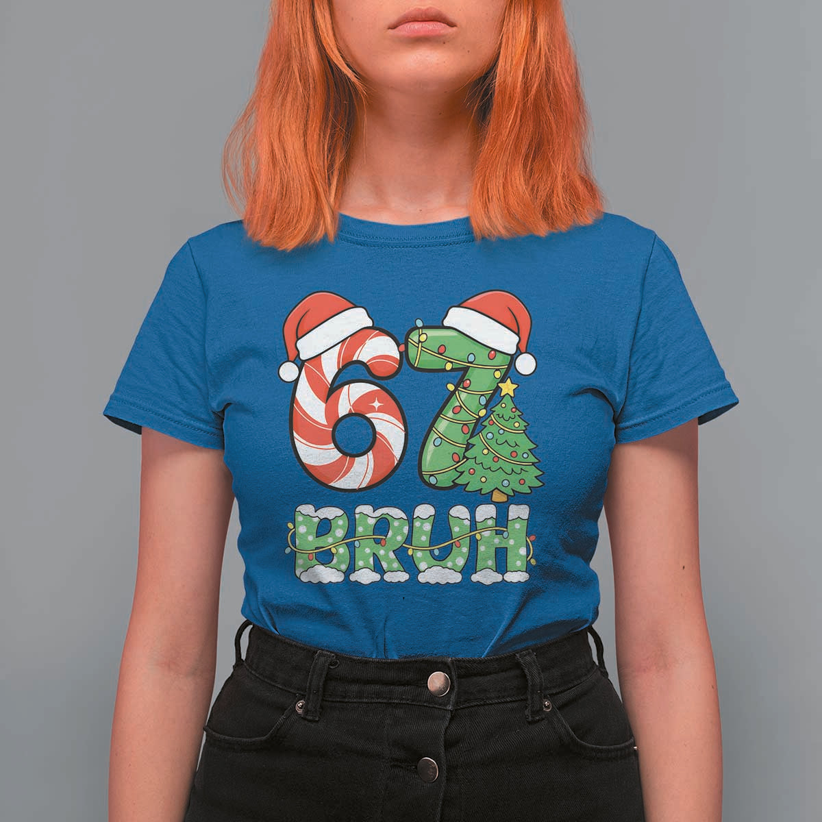 Funny 67 Bruh Christmas T Shirt For Women Candy Cane and Xmas Tree Six Seven Meme Holiday Lights - Wonder Print Shop