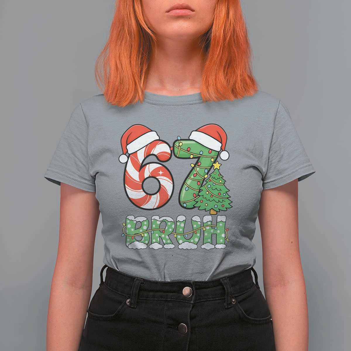 Funny 67 Bruh Christmas T Shirt For Women Candy Cane and Xmas Tree Six Seven Meme Holiday Lights - Wonder Print Shop