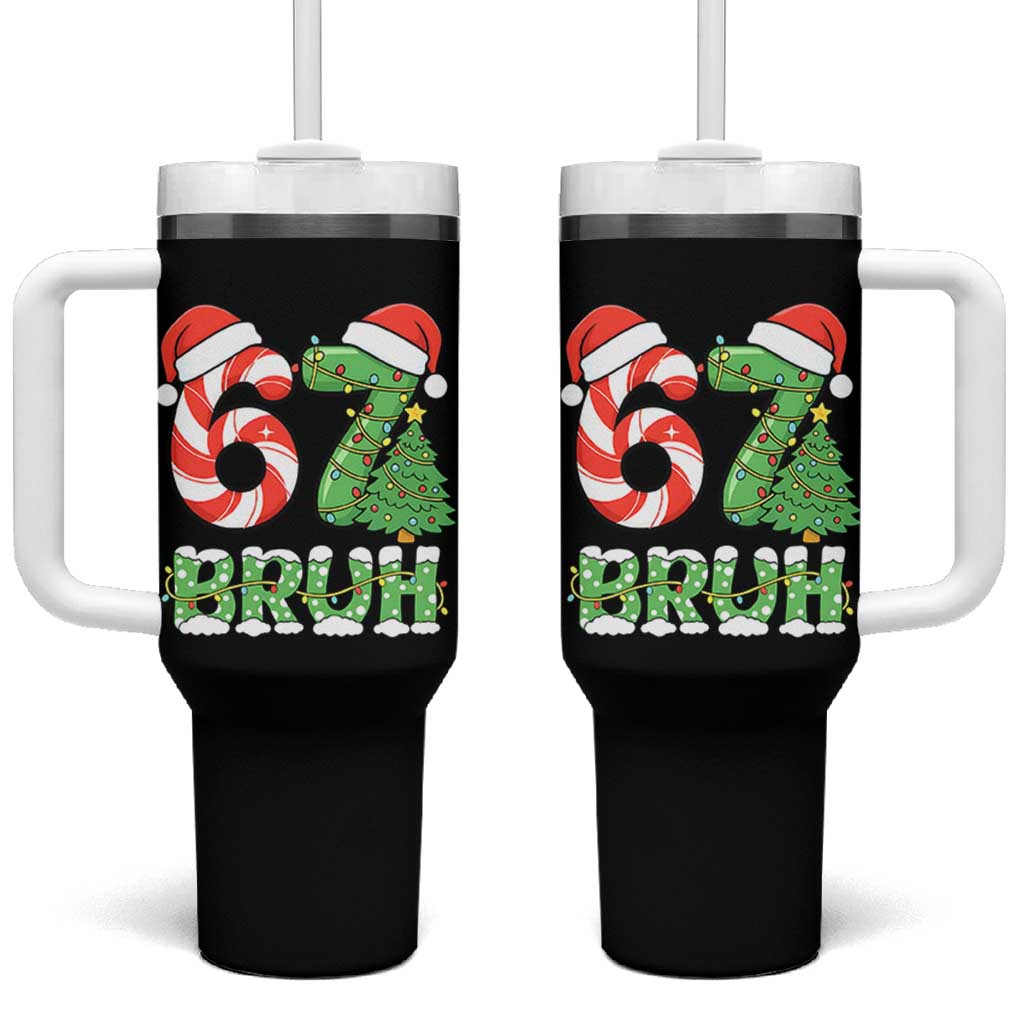Funny 67 Bruh Christmas Tumbler With Handle Candy Cane and Xmas Tree Six Seven Meme Holiday Lights - Wonder Print Shop