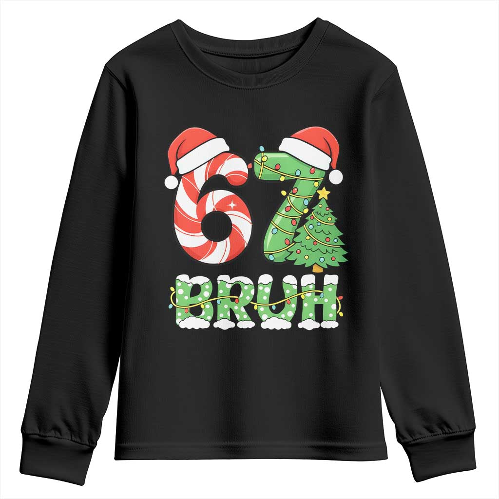 Funny 67 Bruh Christmas Youth Sweatshirt Candy Cane and Xmas Tree Six Seven Meme Holiday Lights - Wonder Print Shop
