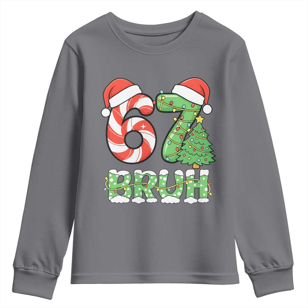 Funny 67 Bruh Christmas Youth Sweatshirt Candy Cane and Xmas Tree Six Seven Meme Holiday Lights - Wonder Print Shop