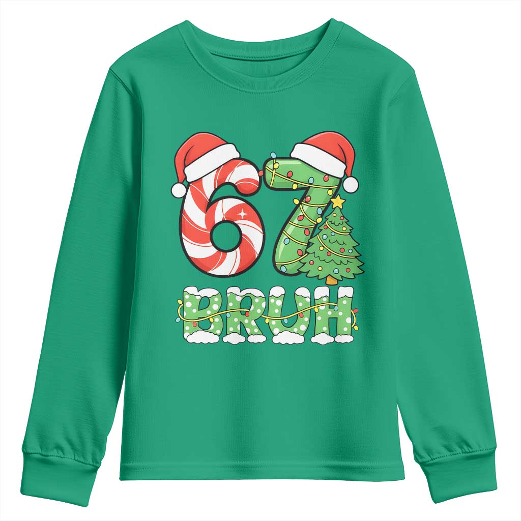 Funny 67 Bruh Christmas Youth Sweatshirt Candy Cane and Xmas Tree Six Seven Meme Holiday Lights - Wonder Print Shop