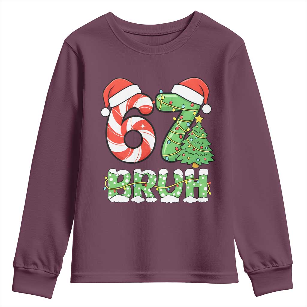 Funny 67 Bruh Christmas Youth Sweatshirt Candy Cane and Xmas Tree Six Seven Meme Holiday Lights - Wonder Print Shop