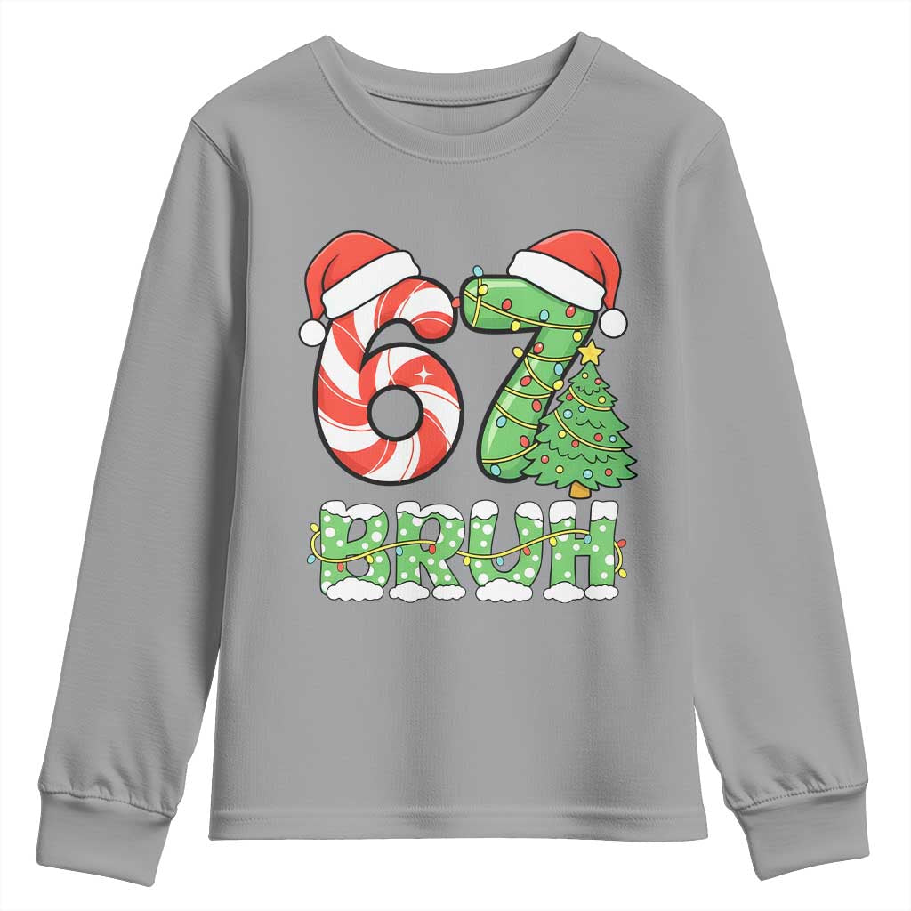 Funny 67 Bruh Christmas Youth Sweatshirt Candy Cane and Xmas Tree Six Seven Meme Holiday Lights - Wonder Print Shop