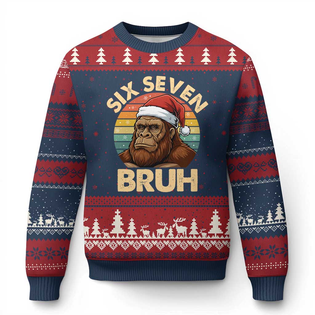 Six Seven Bruh Meme Xmas Bigfoot Ugly Christmas Sweater 67 Sasquatch Santa Retro Holiday - Wonder Print Shop