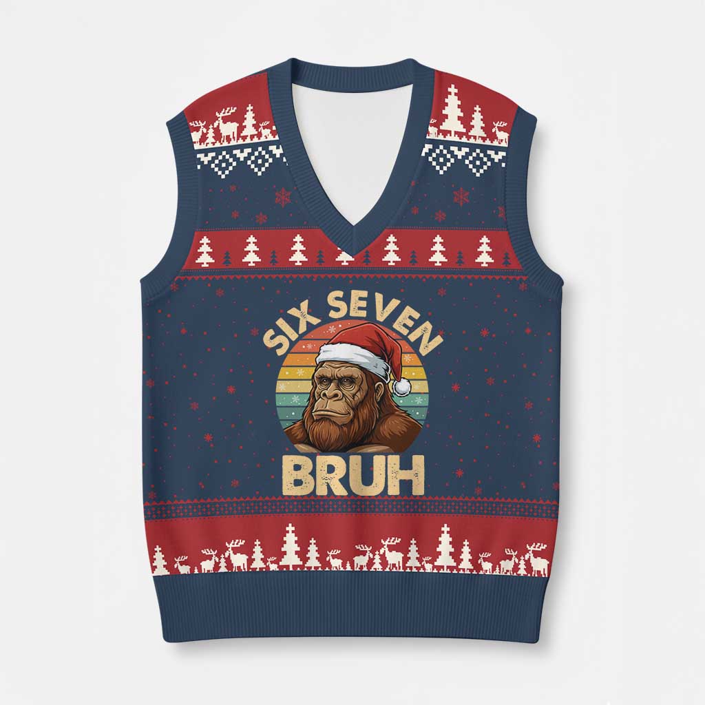 Six Seven Bruh Meme Xmas Bigfoot V-Neck Knit Sweater Vest 67 Sasquatch Santa Retro Holiday - Wonder Print Shop