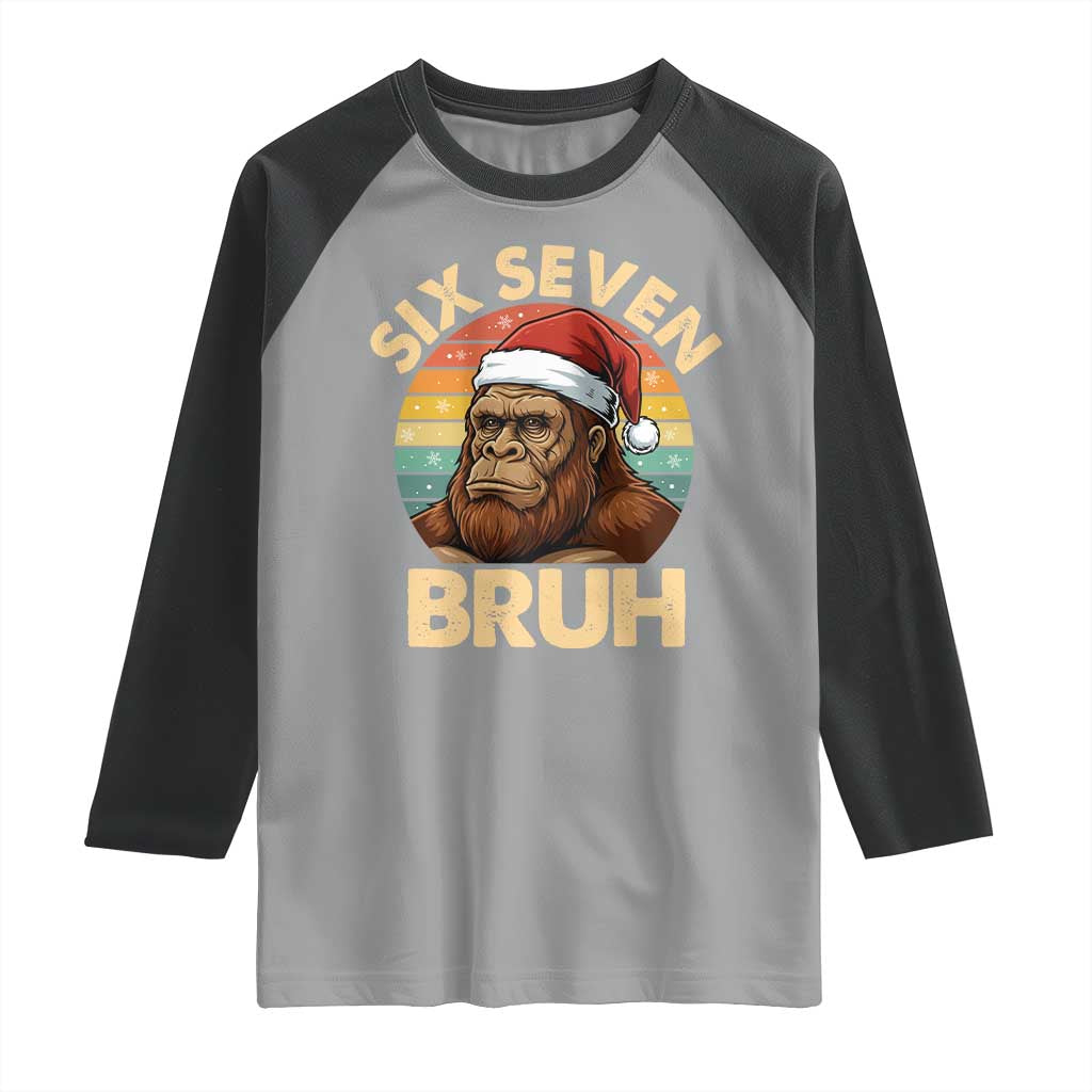 Six Seven Bruh Meme Christmas Bigfoot Raglan Shirt 67 Sasquatch Santa Retro Holiday - Wonder Print Shop