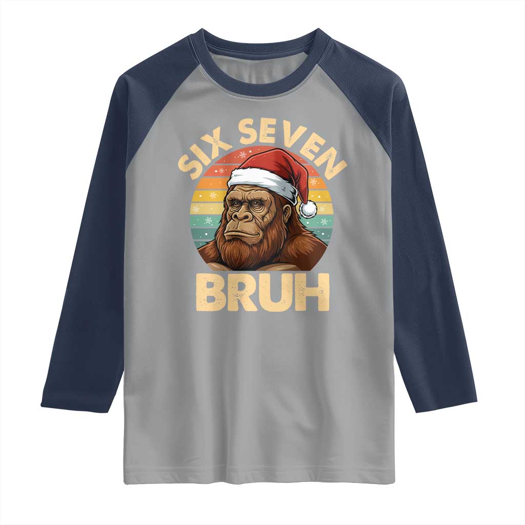 Six Seven Bruh Meme Christmas Bigfoot Raglan Shirt 67 Sasquatch Santa Retro Holiday - Wonder Print Shop