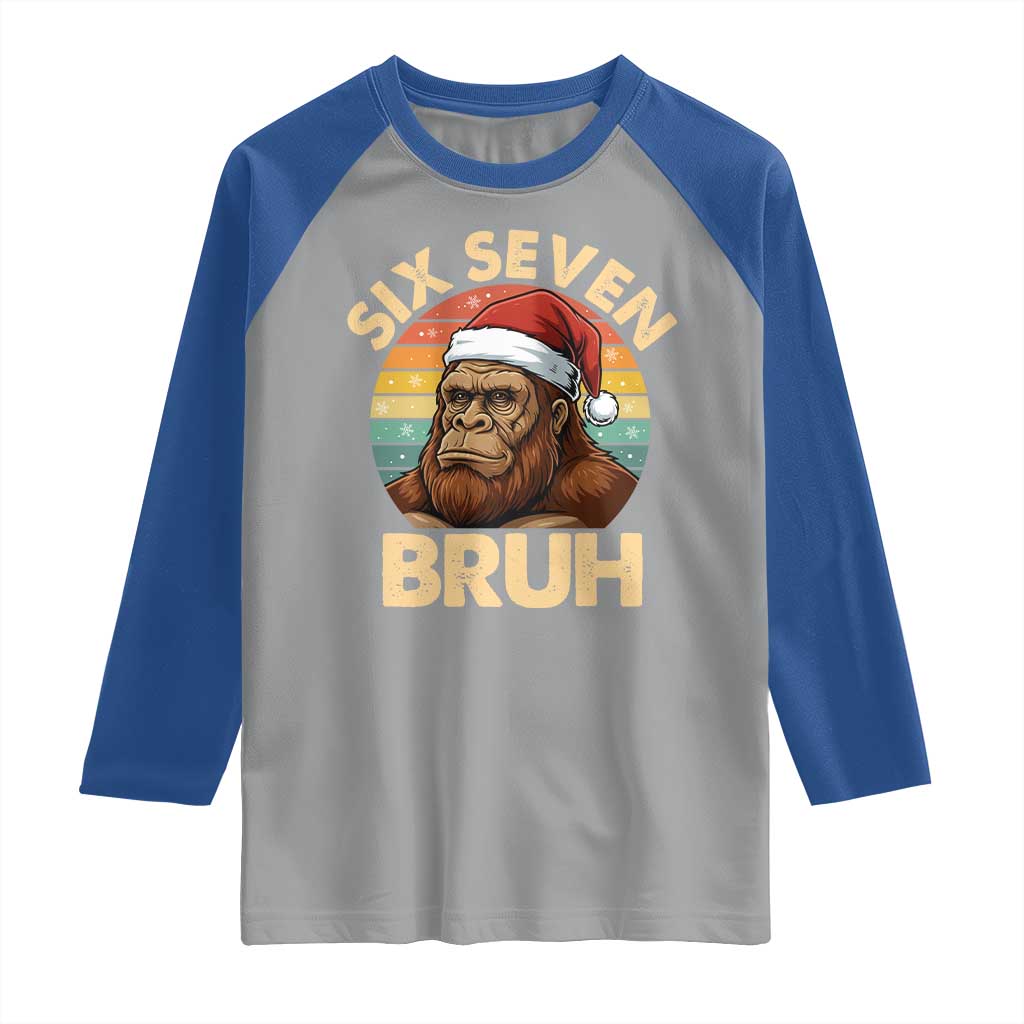 Six Seven Bruh Meme Christmas Bigfoot Raglan Shirt 67 Sasquatch Santa Retro Holiday - Wonder Print Shop