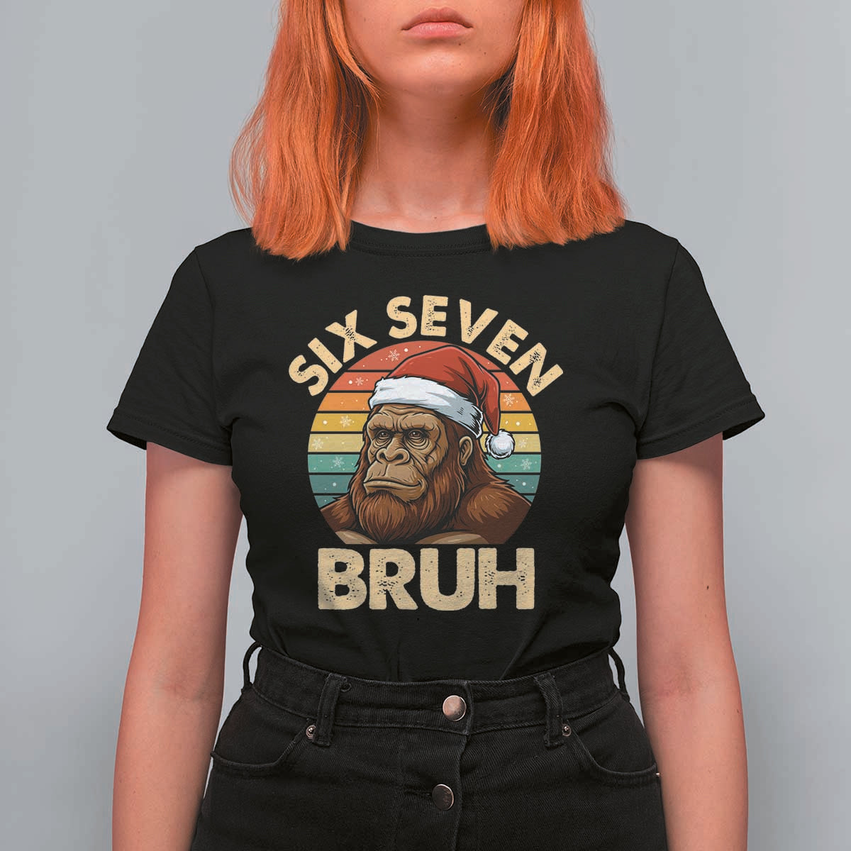 Six Seven Bruh Meme Christmas Bigfoot T Shirt For Women 67 Sasquatch Santa Retro Holiday - Wonder Print Shop