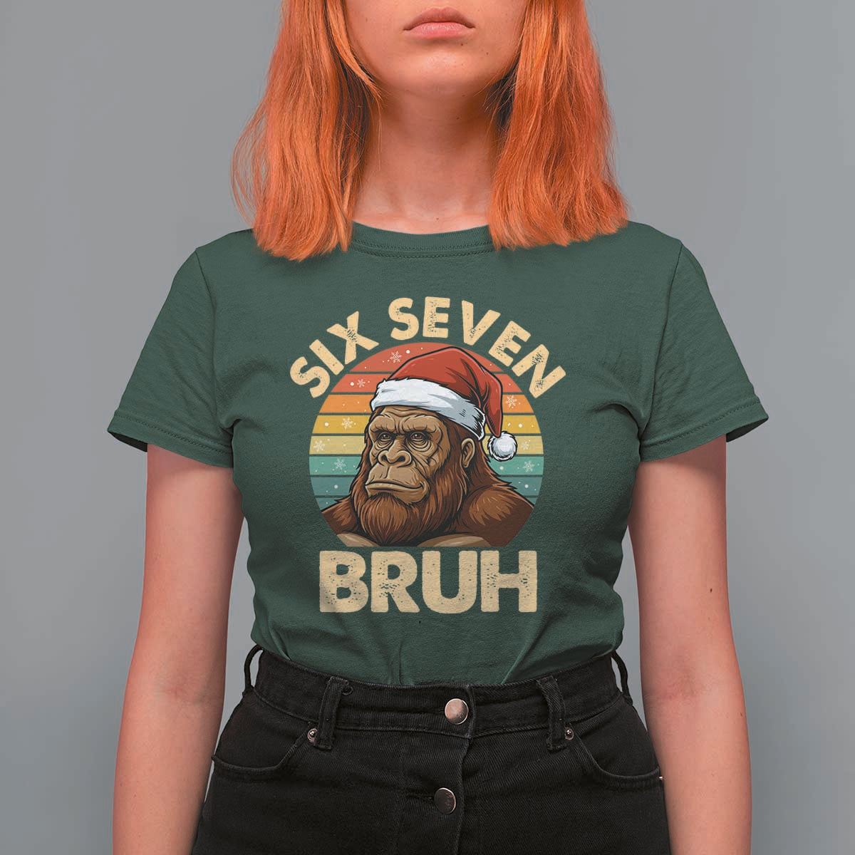 Six Seven Bruh Meme Christmas Bigfoot T Shirt For Women 67 Sasquatch Santa Retro Holiday - Wonder Print Shop