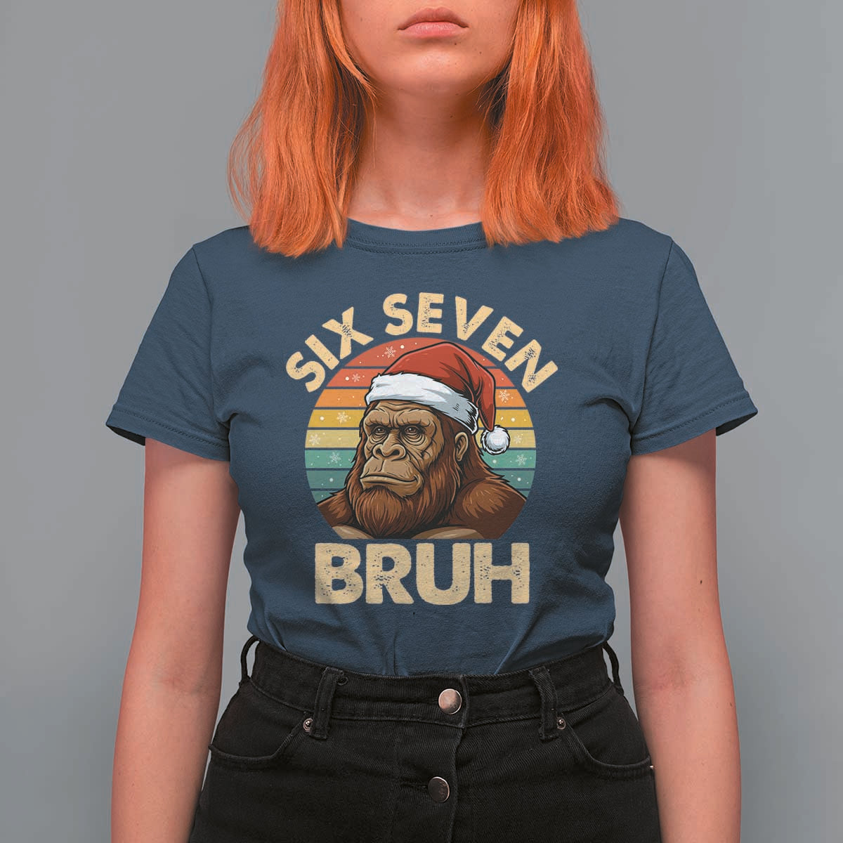 Six Seven Bruh Meme Christmas Bigfoot T Shirt For Women 67 Sasquatch Santa Retro Holiday - Wonder Print Shop