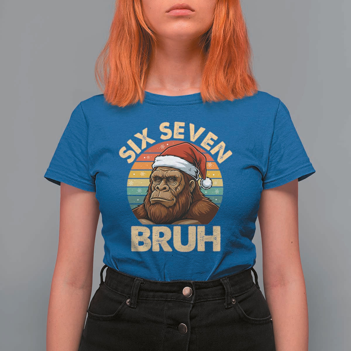 Six Seven Bruh Meme Christmas Bigfoot T Shirt For Women 67 Sasquatch Santa Retro Holiday - Wonder Print Shop