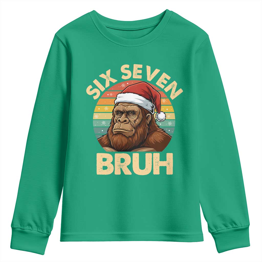 Six Seven Bruh Meme Christmas Bigfoot Youth Sweatshirt 67 Sasquatch Santa Retro Holiday - Wonder Print Shop