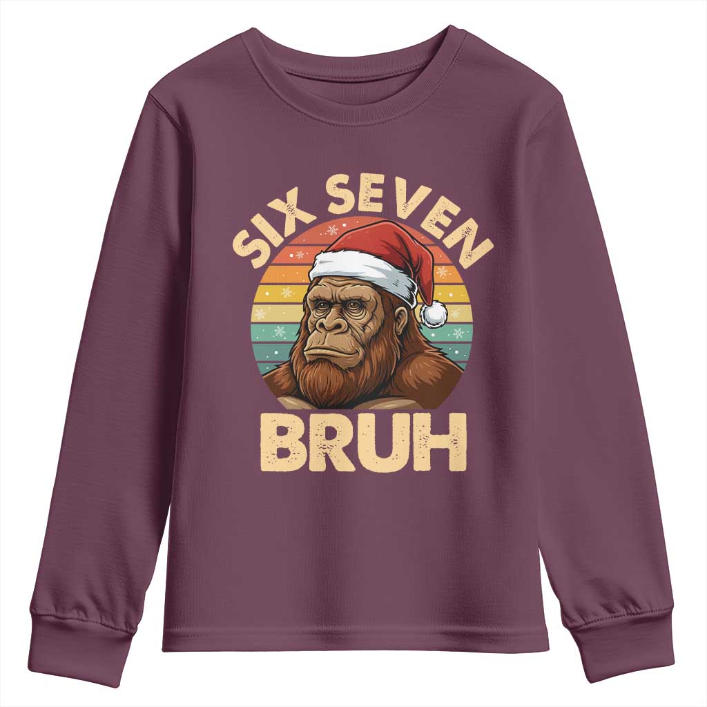Six Seven Bruh Meme Christmas Bigfoot Youth Sweatshirt 67 Sasquatch Santa Retro Holiday - Wonder Print Shop