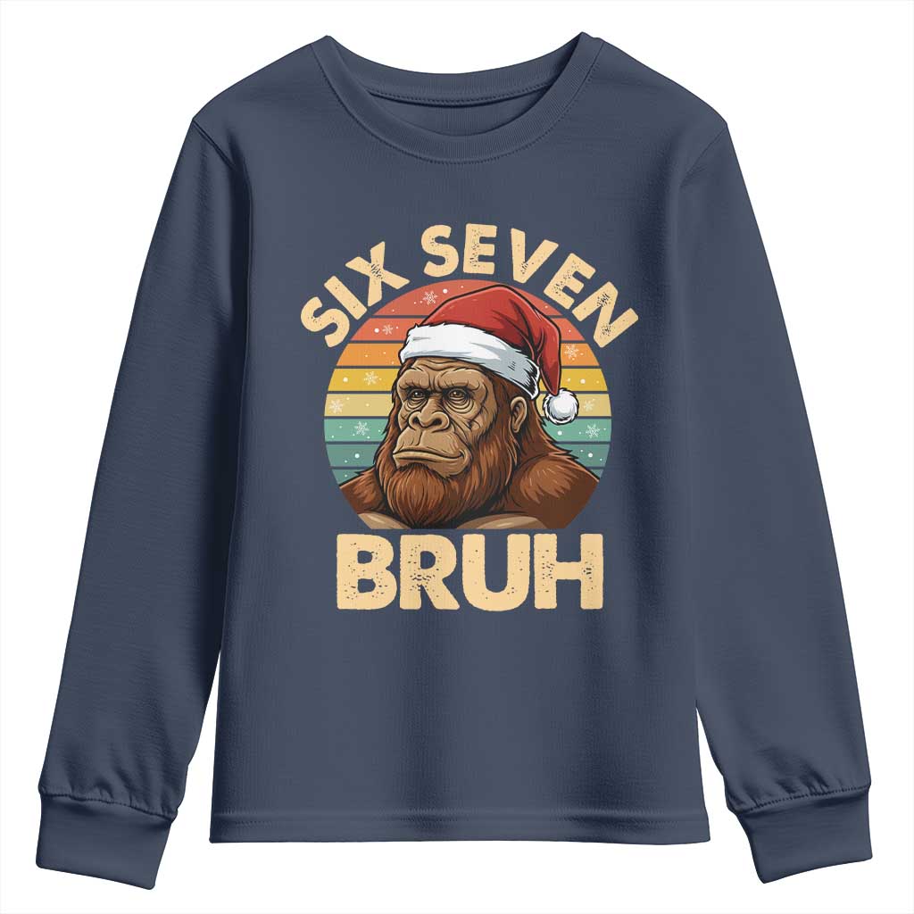 Six Seven Bruh Meme Christmas Bigfoot Youth Sweatshirt 67 Sasquatch Santa Retro Holiday - Wonder Print Shop