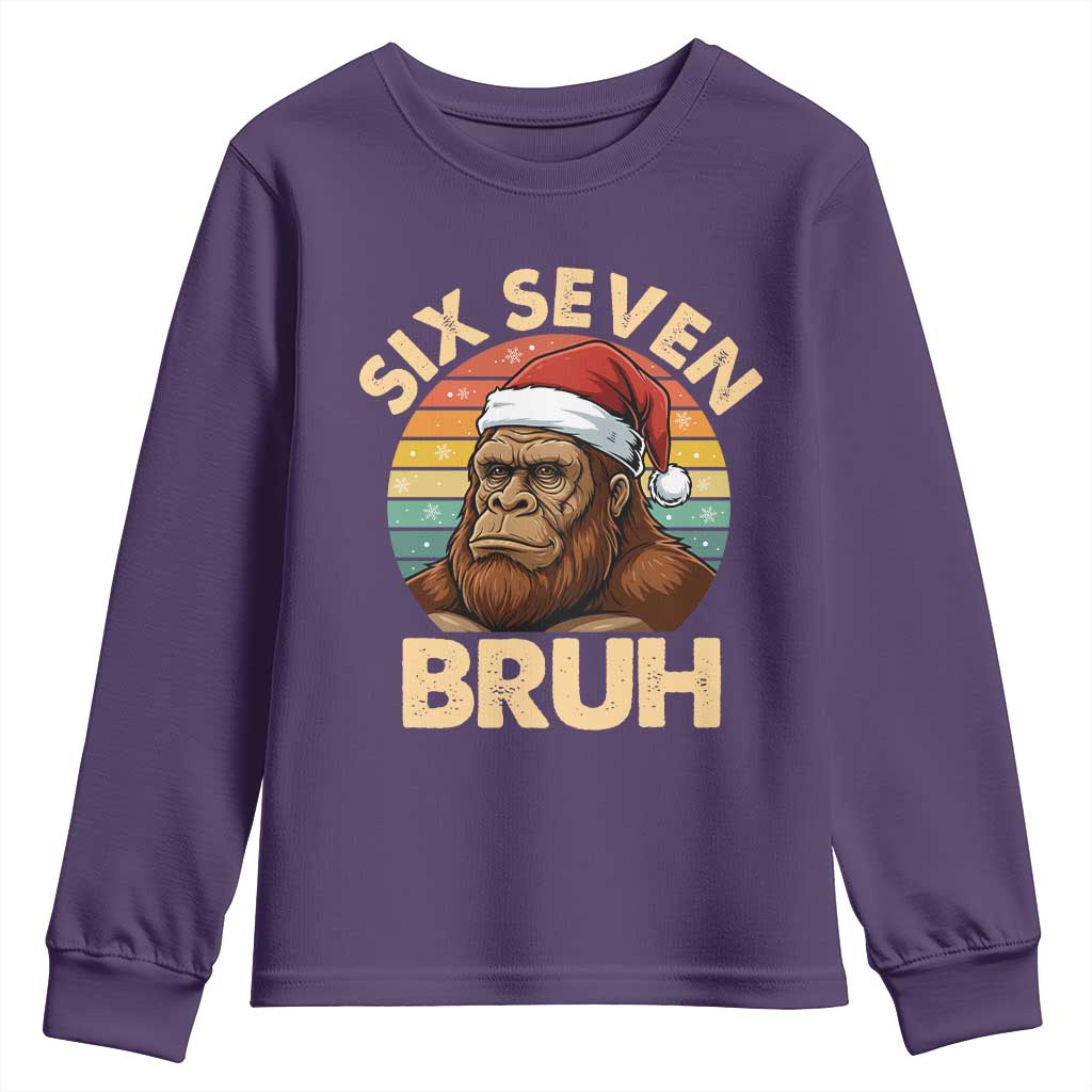 Six Seven Bruh Meme Christmas Bigfoot Youth Sweatshirt 67 Sasquatch Santa Retro Holiday - Wonder Print Shop